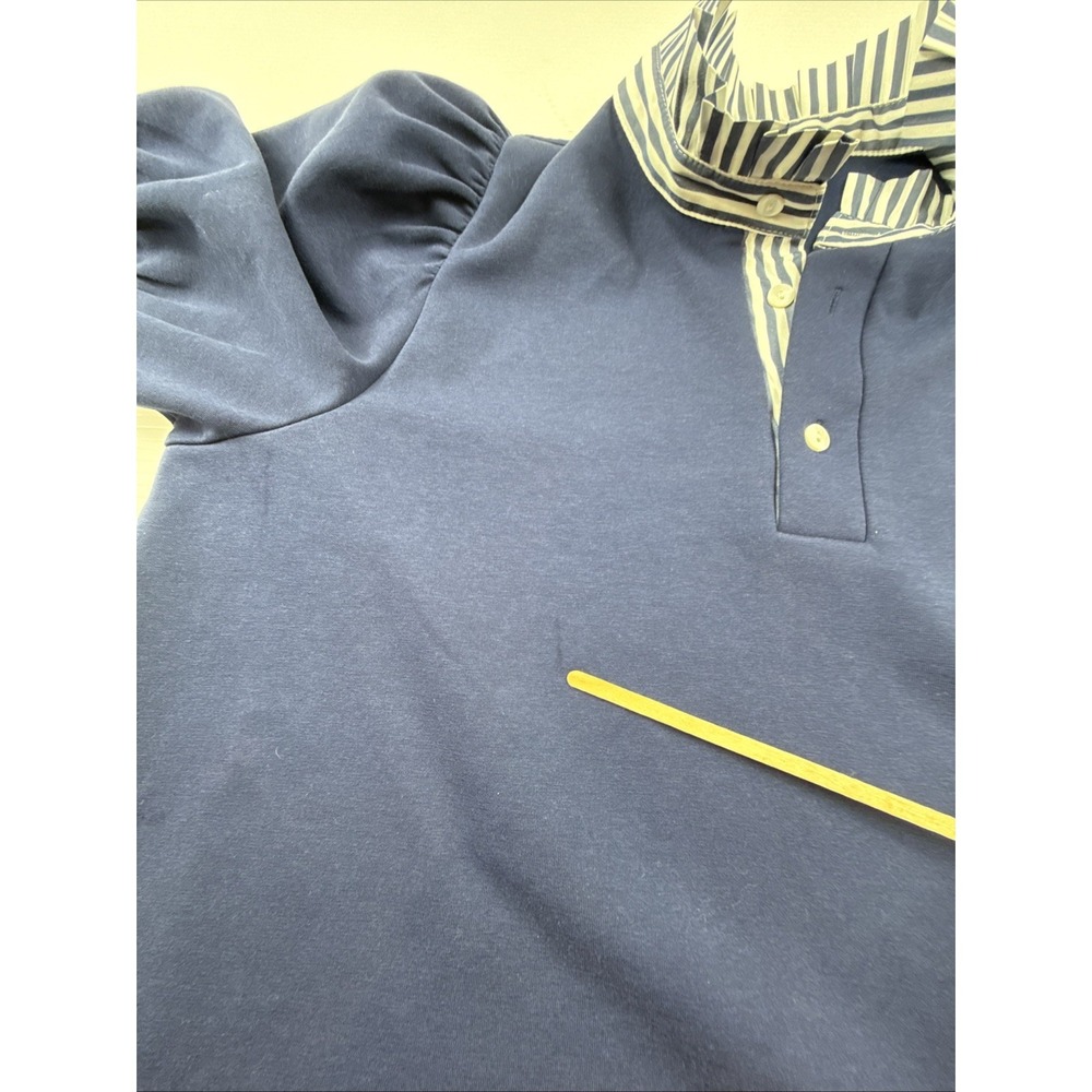 Entro Navy Puff Sleeve Top with Striped Contrast Cuffs & Ruffle Neck M - Picture 5 of 9